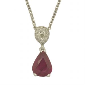 18ct White Gold 1.44ct Ruby and 0.30ct Diamond Drop Pendant