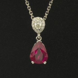 18ct White Gold 1.44ct Ruby and 0.30ct Diamond Drop Pendant