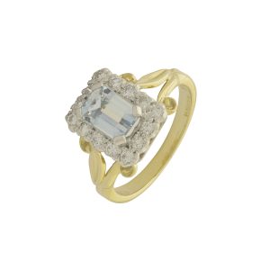 18ct Yellow Gold 0.87ct Aquamarine &#038; 0.12ct Diamond Cluster Ring