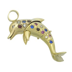 9ct Yellow Gold Gemstone, Ruby &#038; Pink Sapphire Dolphin Pendant