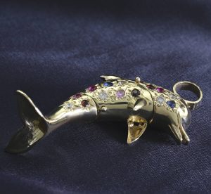 9ct Yellow Gold Gemstone, Ruby &#038; Pink Sapphire Dolphin Pendant