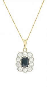 18ct Sapphire And Diamond Cluster Pendant &#038; 9ct Chain