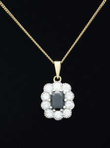 18ct Sapphire And Diamond Cluster Pendant &#038; 9ct Chain