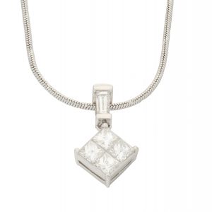 18ct White gold 0.55ct four Princess cut diamond pendant &#038; 14ct Chain