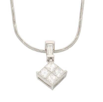 18ct White gold 0.55ct four Princess cut diamond pendant & 14ct Chain