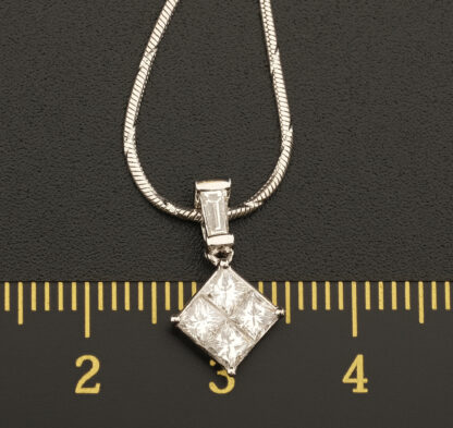 18ct White gold 0.55ct four Princess cut diamond pendant & 14ct Chain