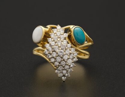 18ct Yellow Gold Diamond & Opal & Turquoise Dress Ring