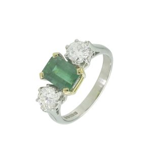 18ct White Gold 1.21ct Emerald &#038; 0.97ct Diamond Three Stone Ring