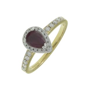 18ct Yellow Gold 0.80ct Pear Ruby &#038; 0.28ct Diamond Halo Ring