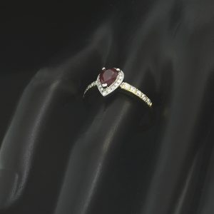 18ct Yellow Gold 0.80ct Pear Ruby & 0.28ct Diamond Halo Ring
