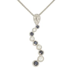 18ct White Gold Diamond &#038; Sapphire Wave Pendant &#038; 18ct Chain