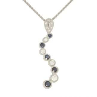 18ct White Gold Diamond & Sapphire Wave Pendant & 18ct Chain