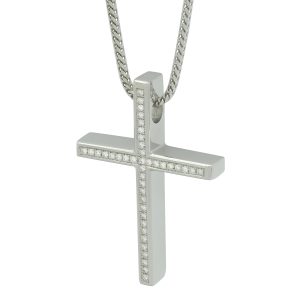 18ct White Gold 0.41ct Diamond Cross &#038; Franco Chain 18&#8243;