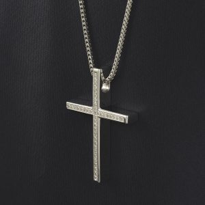 18ct White Gold 0.41ct Diamond Cross &#038; Franco Chain 18&#8243;