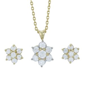 18ct Yellow Gold 1.00ct Diamond Cluster Necklace &#038; Earring Set 19&#8243;