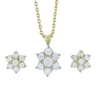 18ct Yellow Gold 1.00ct Diamond Cluster Necklace & Earring Set 19"