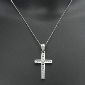 9ct White Gold 0.25ct Diamond Cross Necklace 16″