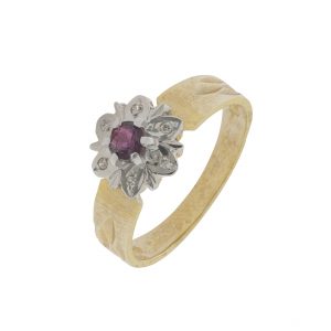 9ct Yellow Gold Ruby and Diamond Flower Ring