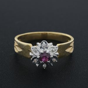 9ct Yellow Gold Ruby and Diamond Flower Ring